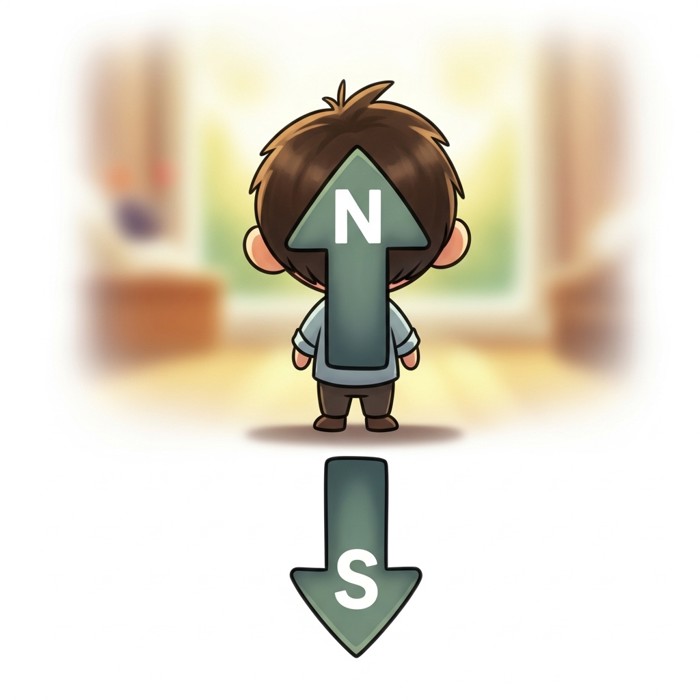 A simple diagram of a cartoon child facing north with an arrow pointing up, and a mirrored arrow pointing down labeled south.