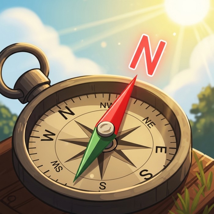 A cartoon compass with a glowing red needle pointing firmly toward the letter N, sunny outdoor background.