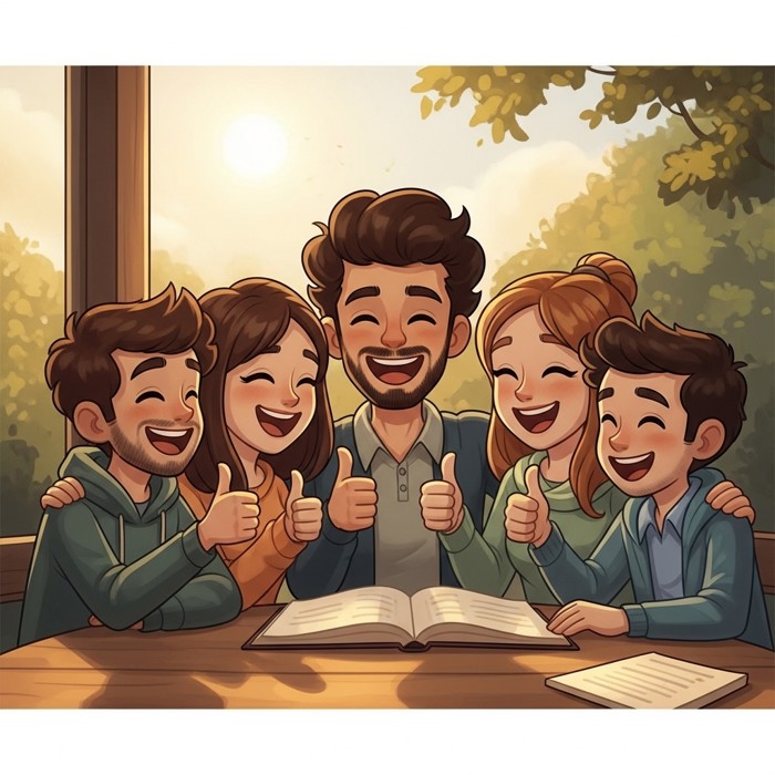 A joyful group of cartoon friends laughing together at their meeting place, thumbs up, warm sunny afternoon.