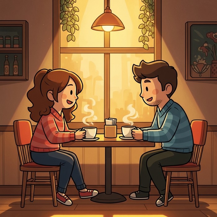 A cozy cartoon cafe with two friends sitting at a small table sharing a quick chat, warm lighting, steaming cups.