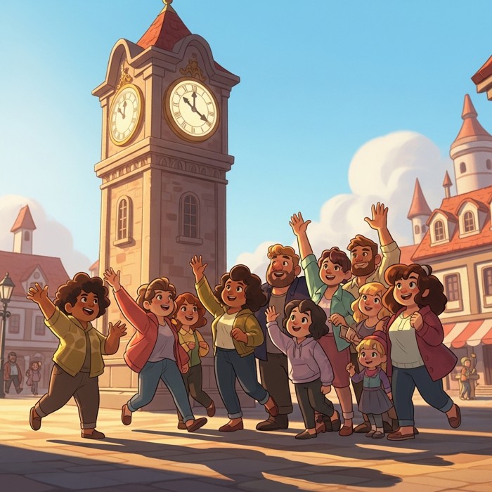 A cartoon group of friends gathering excitedly beside a large clock tower landmark, sunny plaza, waving at each other.