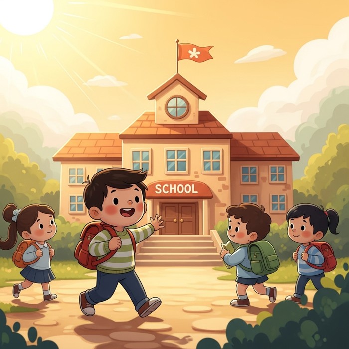A cartoon child walking happily toward a school building with a backpack, sun shining, other kids nearby with backpacks too.