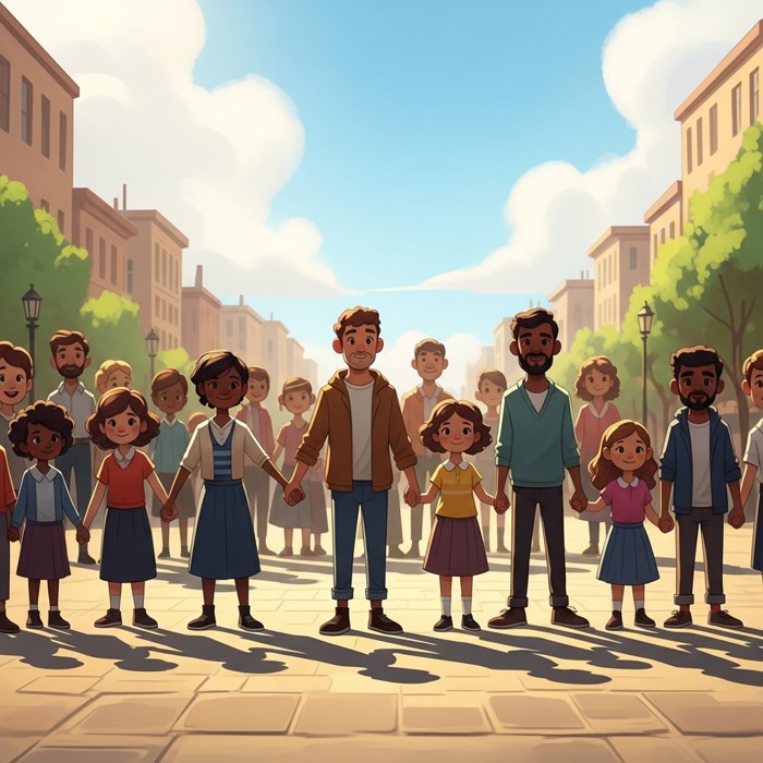 A diverse group of cartoon people from a city standing together happily in a public square, holding hands, sunny sky.