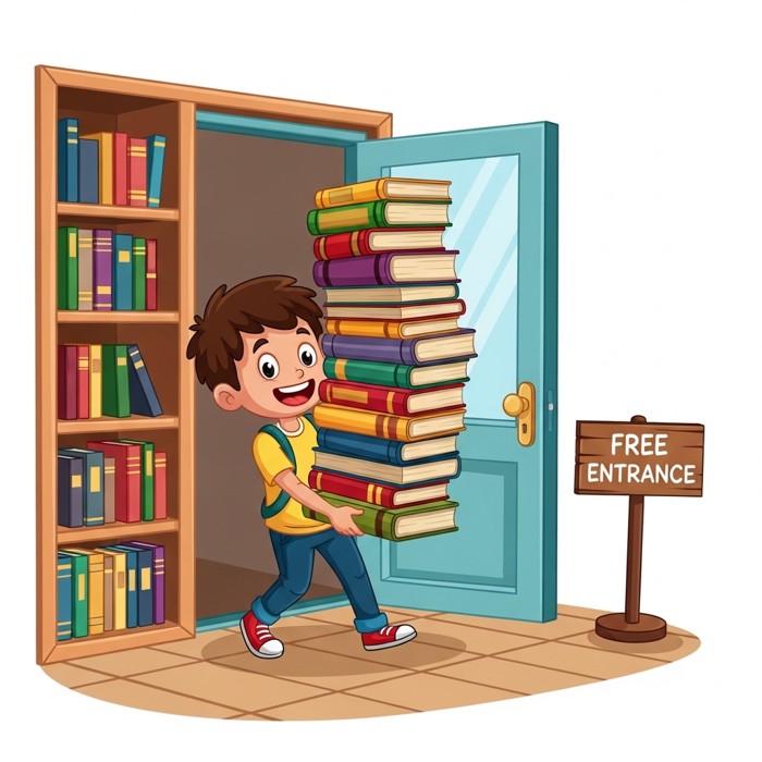 A cartoon child carrying a stack of borrowed books out of a bright library, big smile, free entrance sign visible.