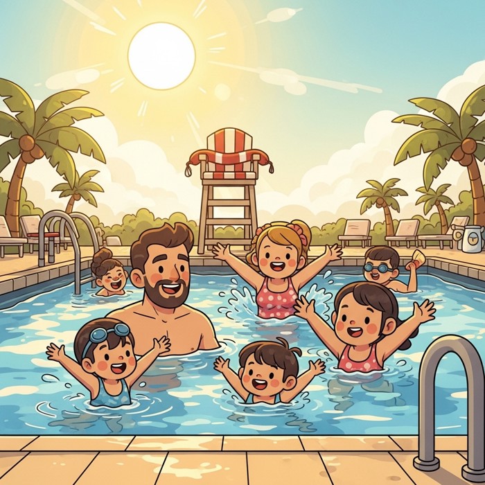 A cartoon family swimming and splashing happily in a public pool on a hot sunny day, lifeguard chair nearby.