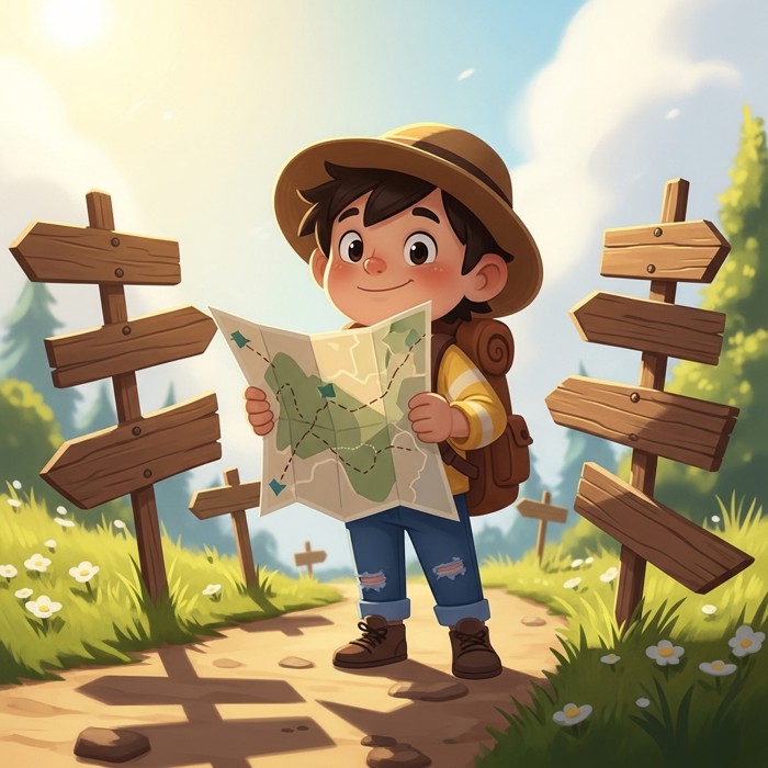 A cartoon child confidently folding up a map with a proud smile, standing on a sunny trail surrounded by signposts.