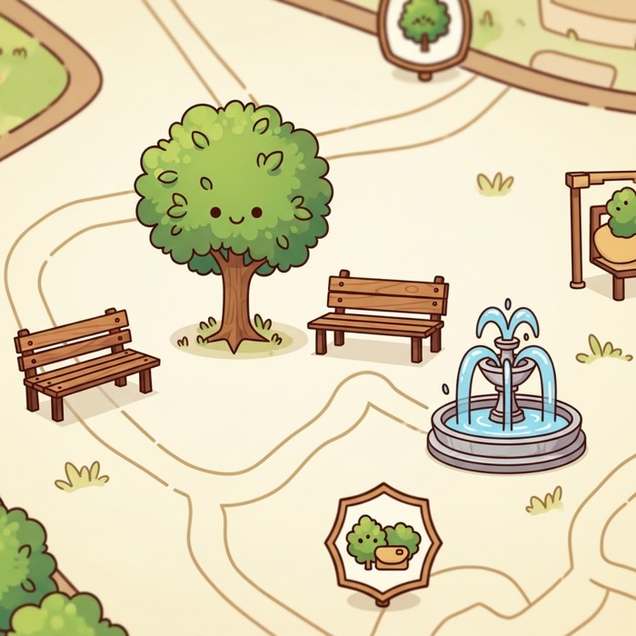 A close-up of a map with small cartoon symbols like a tree, a bench, and a fountain, each neatly labeled.