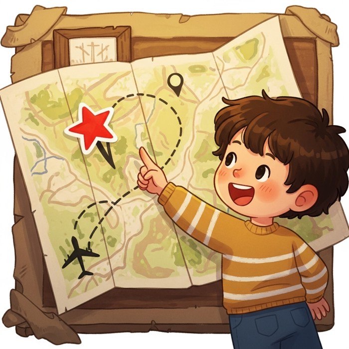 A paper map with a bright red star sticker marking a location, a cartoon child pointing at it happily.